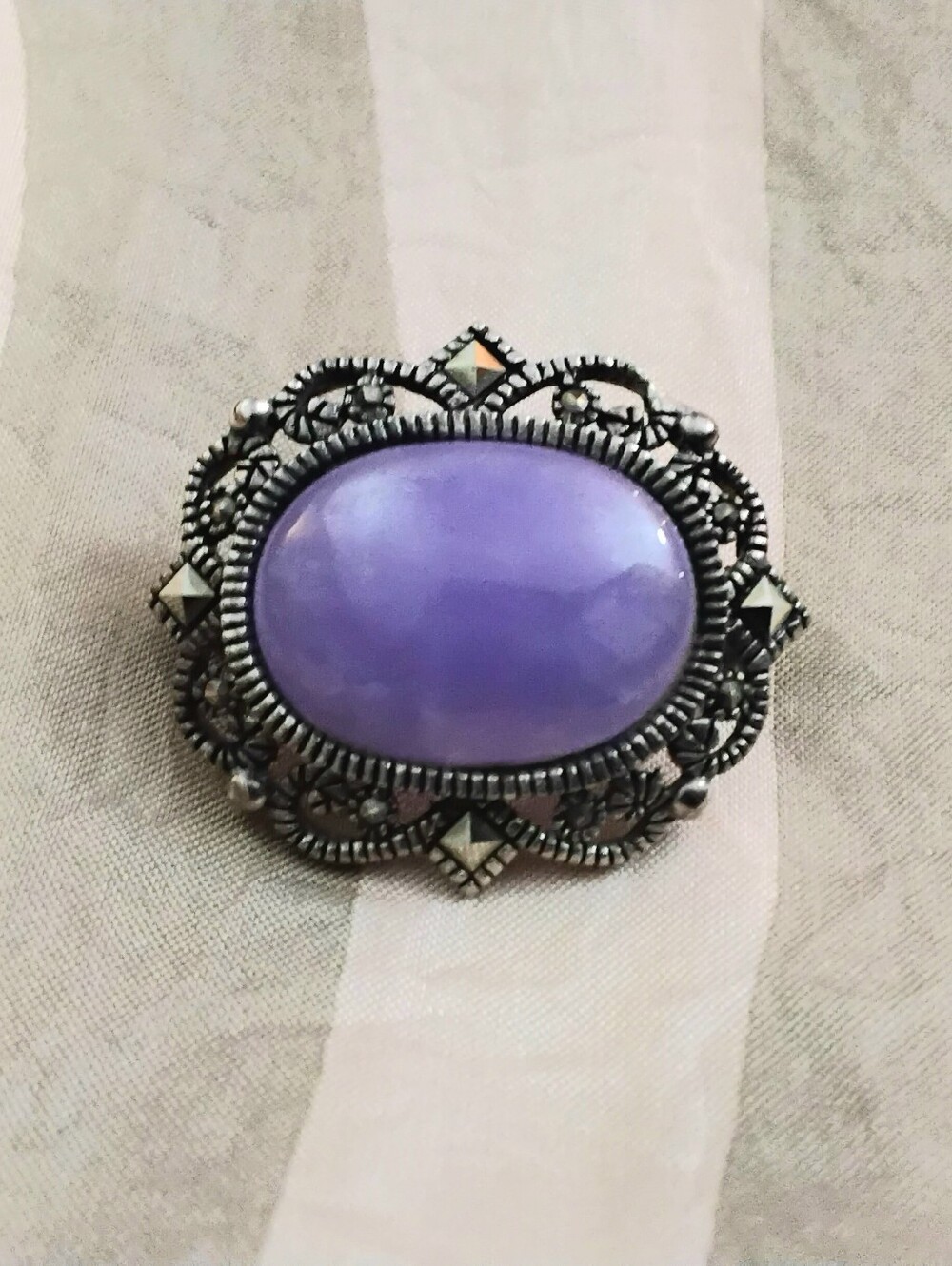 Vintage Jade & Marcasite 925 Silver Brooch/ Scarf Pin